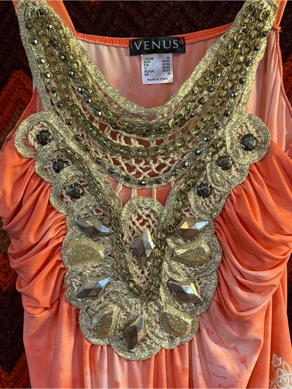 VENUS Y2K Coral Orange Tank with Gold Beaded Embellishment - Picture 3 of 4